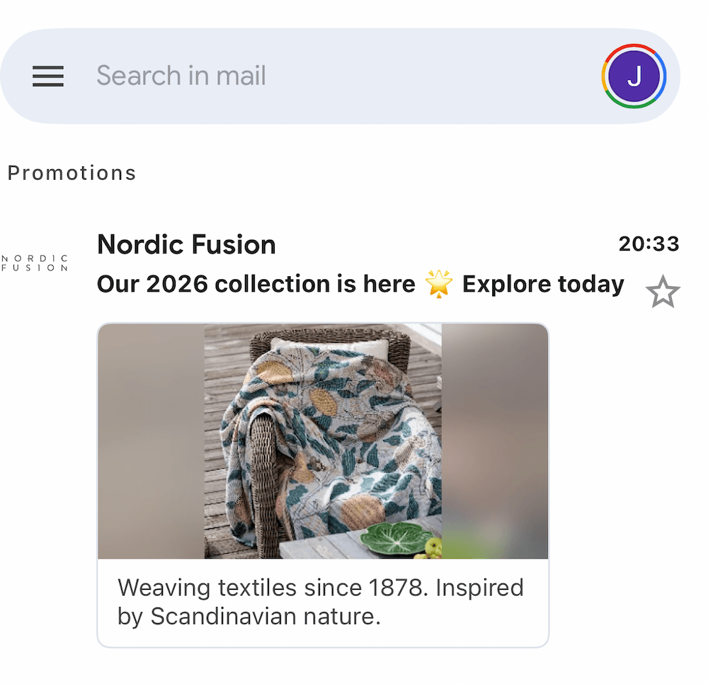 Email promoting Nordic Fusion's 2026 collection, showing a leaf-patterned blanket on a wicker chair.