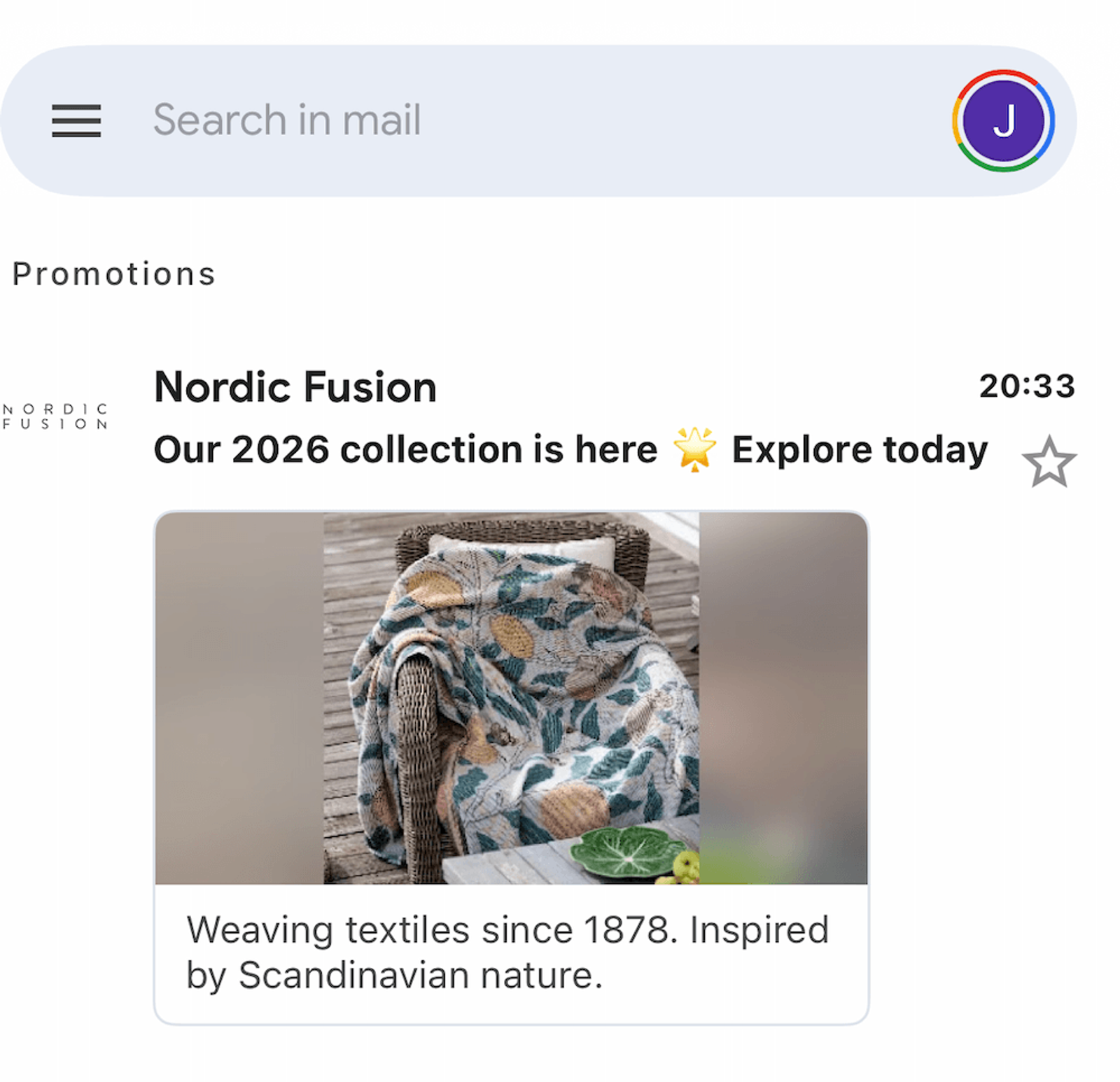 Email promoting Nordic Fusion's 2026 collection, showing a leaf-patterned blanket on a wicker chair.
