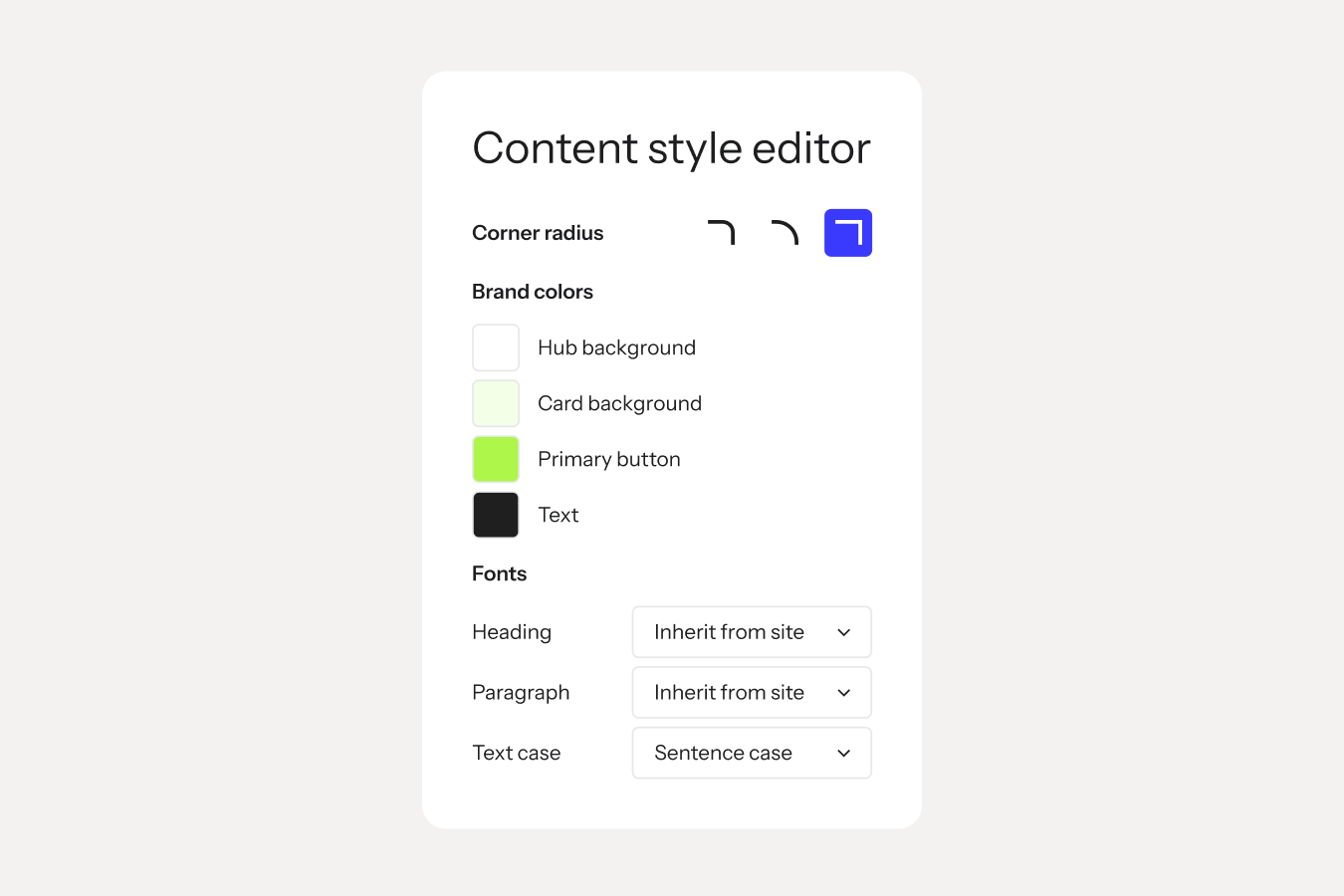 Content style editor with controls for corner radius, brand colors, fonts, and text case.