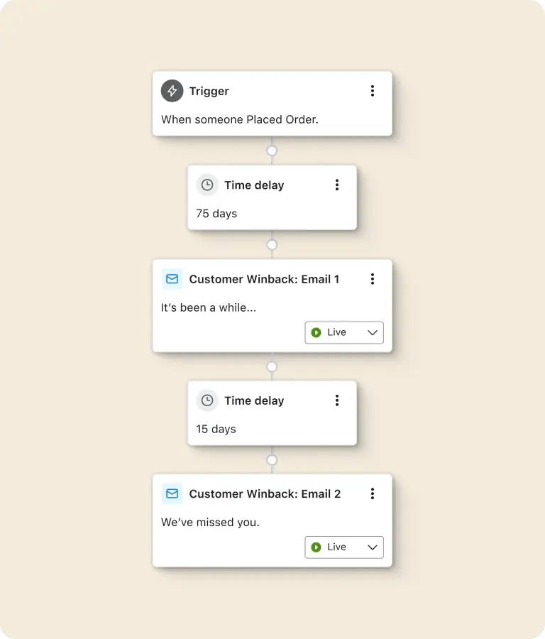 A Klaviyo customer winback flow triggered when some placed an order