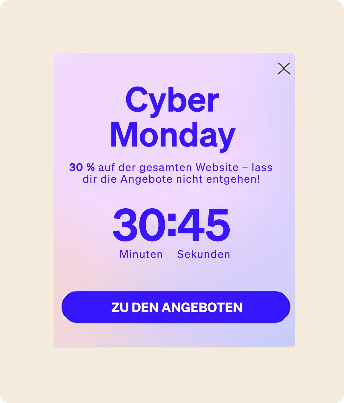 Cyber Monday-Angebot mit 30 % Rabatt auf der gesamten Website. Countdown von 30 Minuten und 45 Sekunden. Button: "Zu den Angeboten".