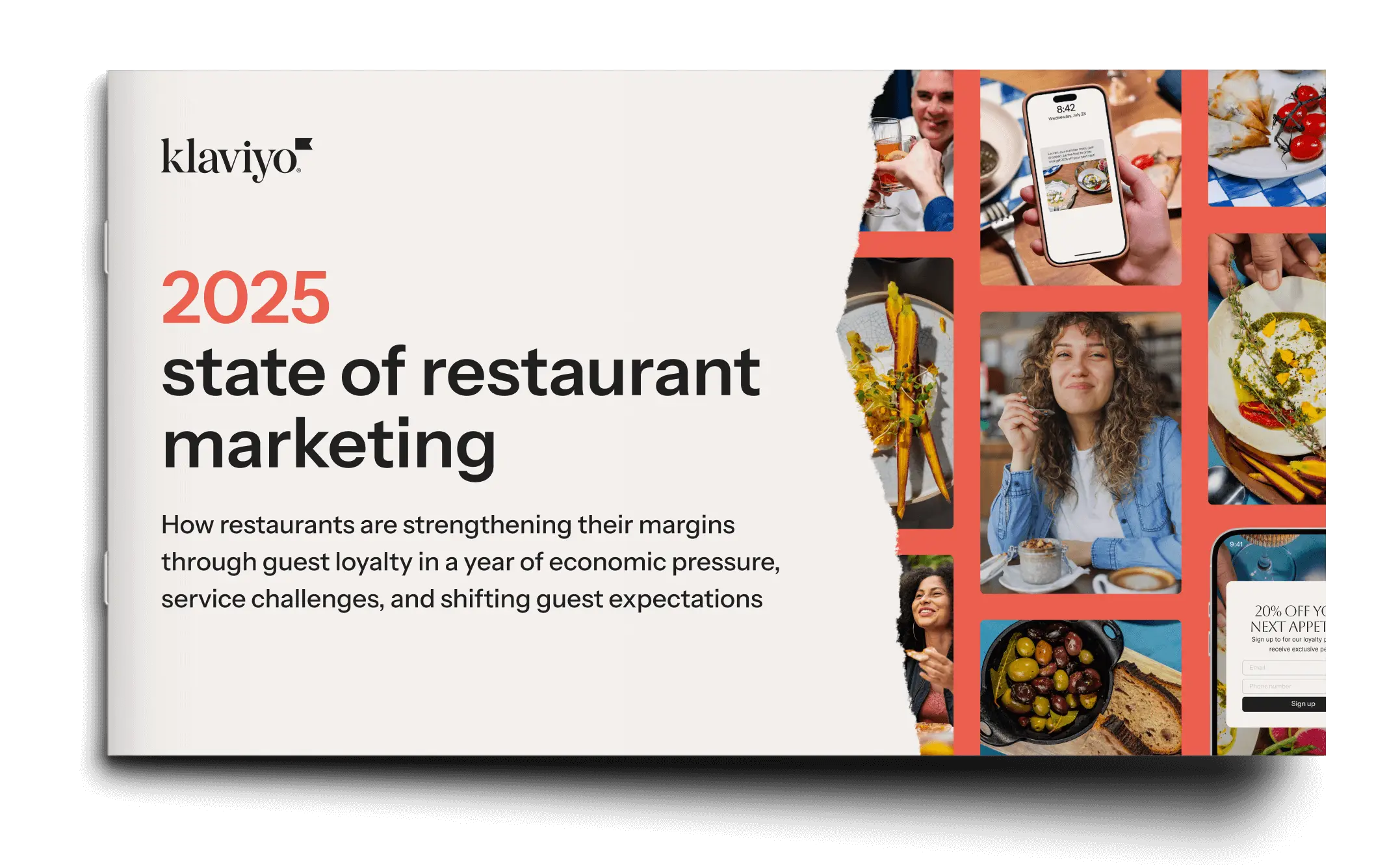 Cover of "2025 State of Restaurant Marketing" by Klaviyo, featuring images of food, a smiling woman, and a smartphone.