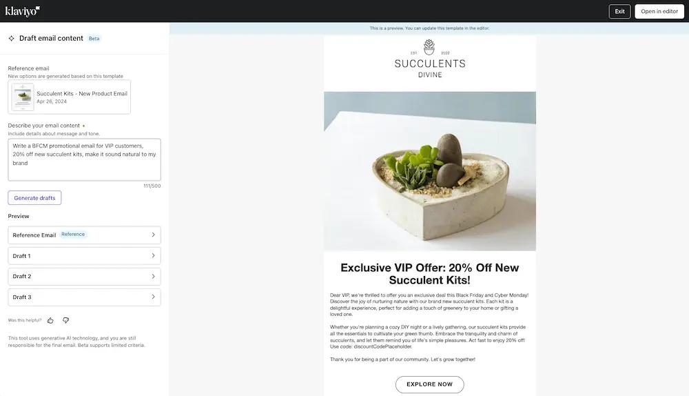 Image shows the “Create with AI” dashboard in Klaviyo, featuring a reference email and a field for the user to describe their email. After selecting whether they want to use placeholder images or the reference email layout, they have the option to “generate drafts.”