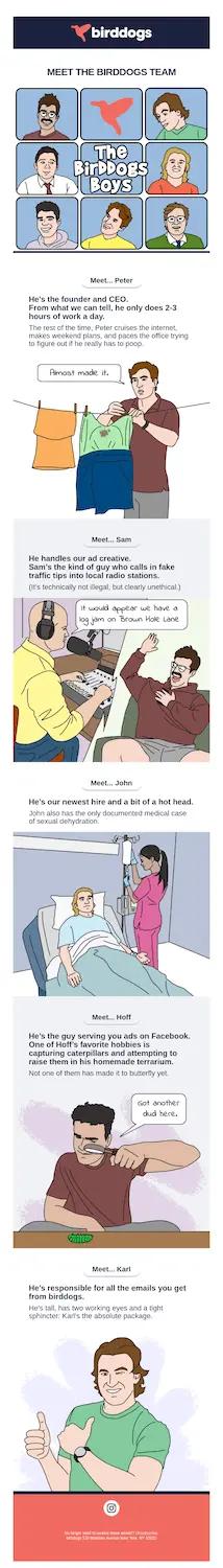 Image shows an email newsletter example from men’s apparel brand Birddogs, which introduces readers to the Birddogs team using a comic strip style.