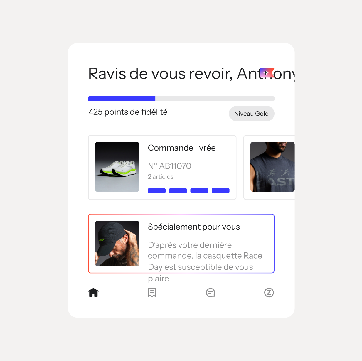 A mobile app dashboard showing a welcome message, loyalty points with Gold status, a delivered order with a running shoe, and a recommended cap.