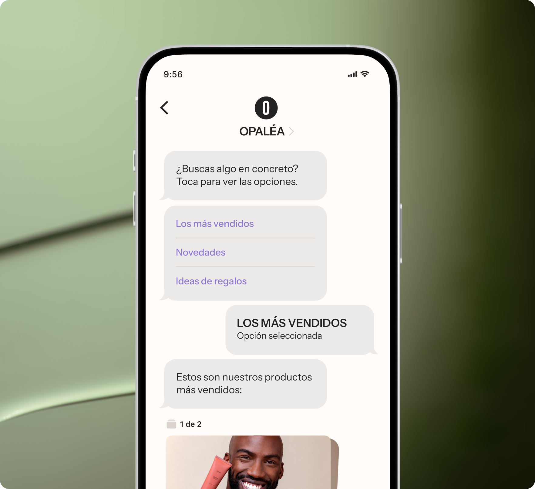 A smartphone screen displays a chat interface for OPALÉA, showing product categories like "best sellers" and "new arrivals," with "best sellers" selected.