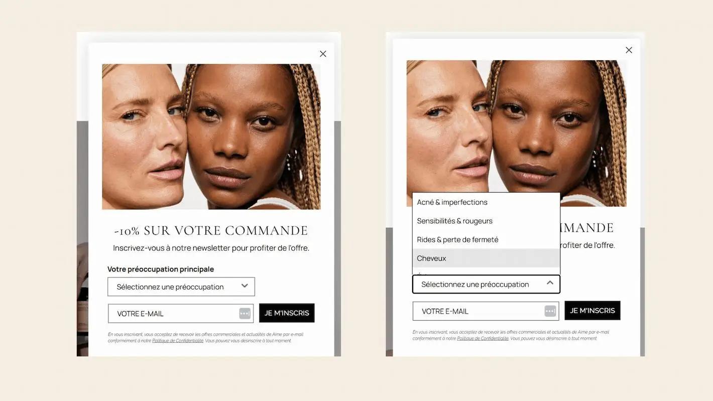 Deux femmes posent côte à côte sur un formulaire d'inscription à une newsletter offrant -10% sur une commande. Options de préoccupations principales affichées.