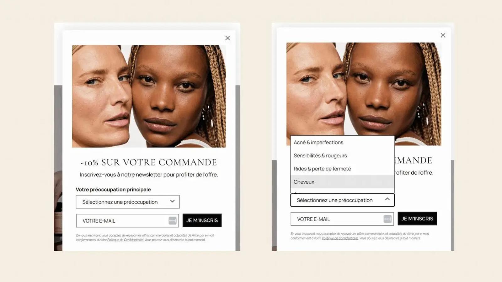 Deux femmes posent côte à côte sur un formulaire d'inscription à une newsletter offrant -10% sur une commande. Options de préoccupations principales affichées.