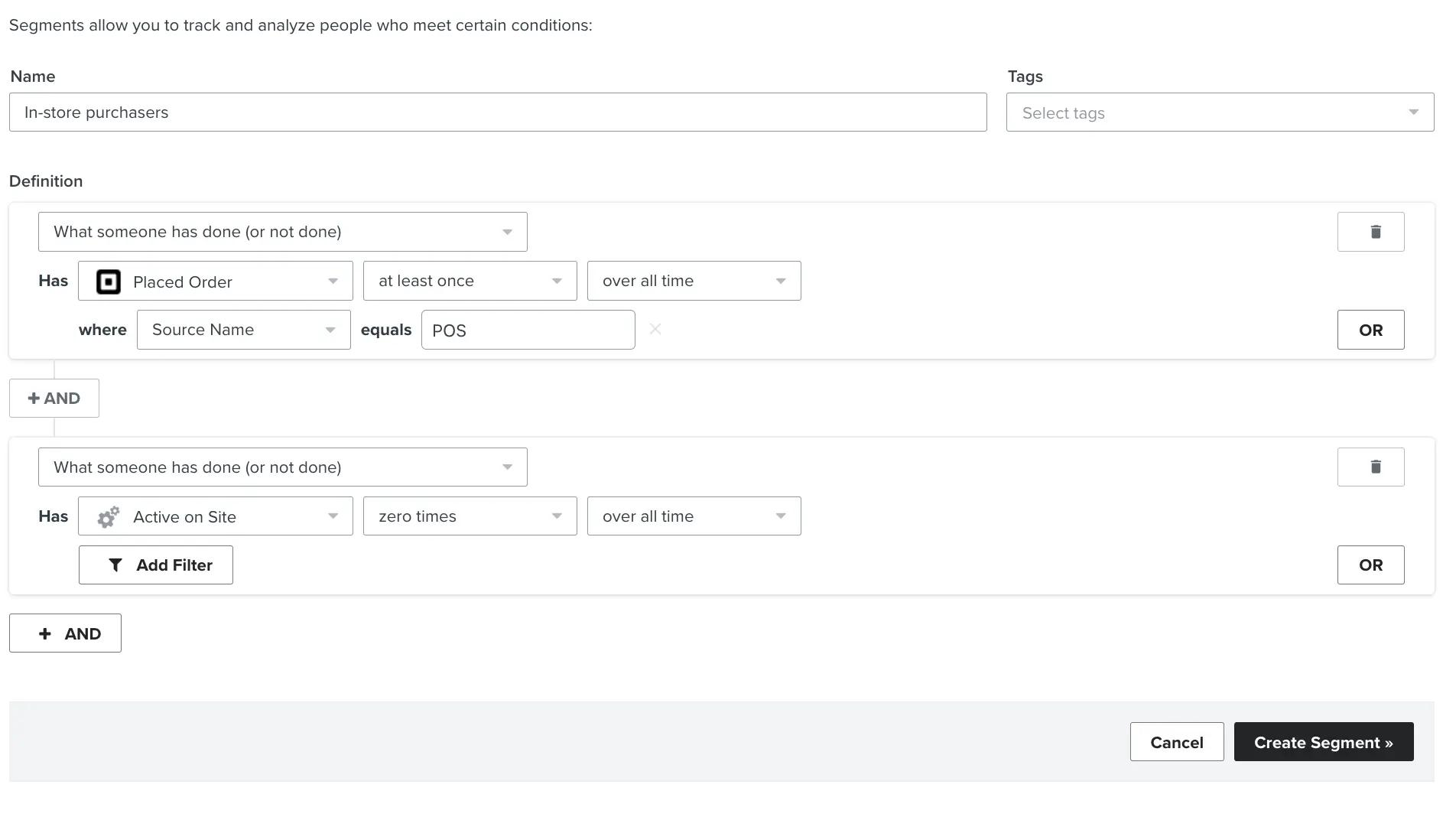 Klaviyo segment builder showing a segment of offline shoppers who have not visited the website