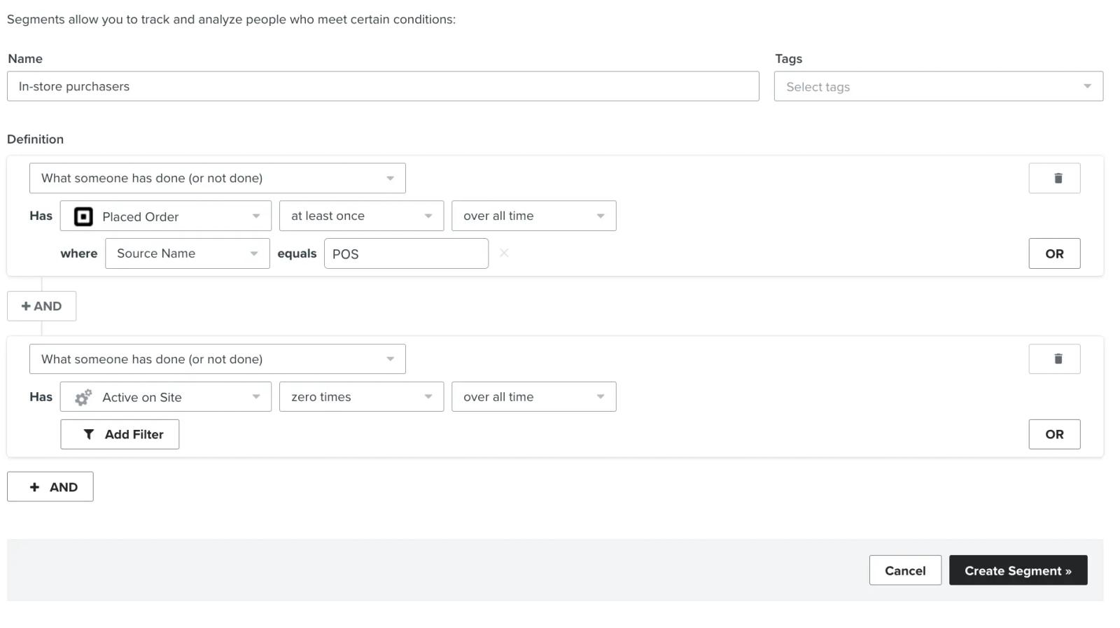 Klaviyo segment builder showing a segment of offline shoppers who have not visited the website