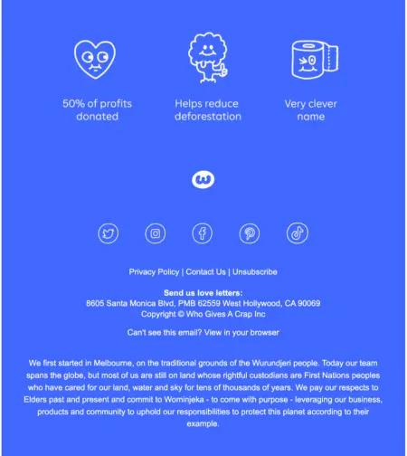 Image shows the footer of a Who Gives A Crap welcome email