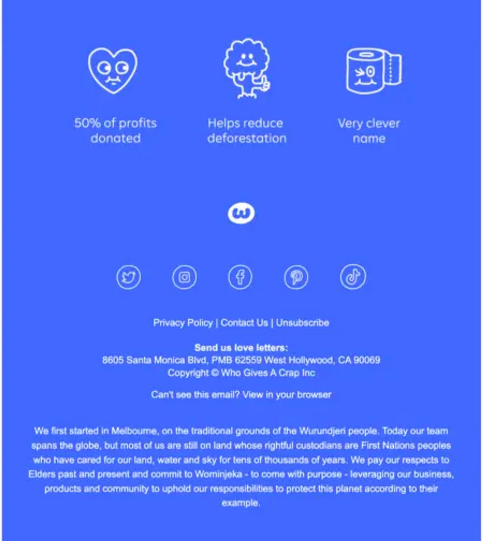 Image shows the footer of a Who Gives A Crap welcome email