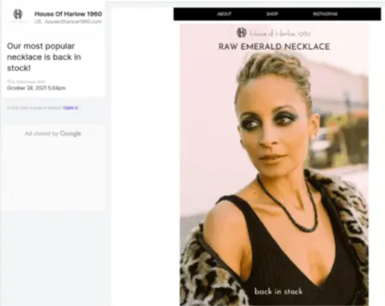 Image shows a screenshot of an inbox, side by side with a screenshot of an email from jewelry brand House of Harlow 1960. In the inbox, we see a subject line that reads, “Our most popular necklace is back in stock!” The body of the email contains a photo of a light-skinned, blond-haired model wearing the necklace in question, advertised as “Raw emerald necklace” in the email’s headline, which appears beneath the brand’s logo.