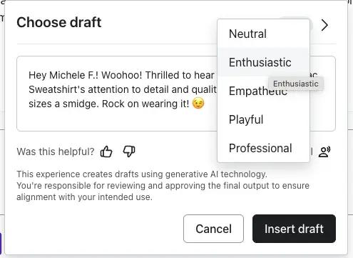 Image shows a screenshot from the Klaviyo dashboard, in the menu where a user is selecting an AI-generated review reply. The window is called “Choose draft,” and the user has the option to select between 5 possible tones: neutral, enthusiastic, empathetic, playful, and professional.