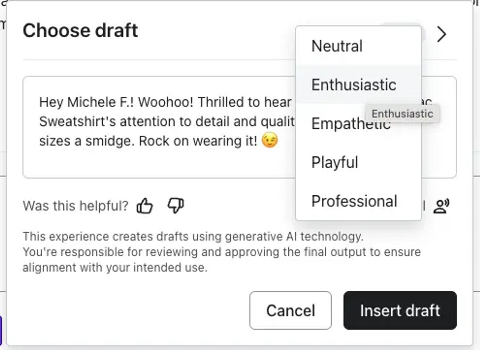 Image shows a screenshot from the Klaviyo dashboard, in the menu where a user is selecting an AI-generated review reply. The window is called “Choose draft,” and the user has the option to select between 5 possible tones: neutral, enthusiastic, empathetic, playful, and professional.