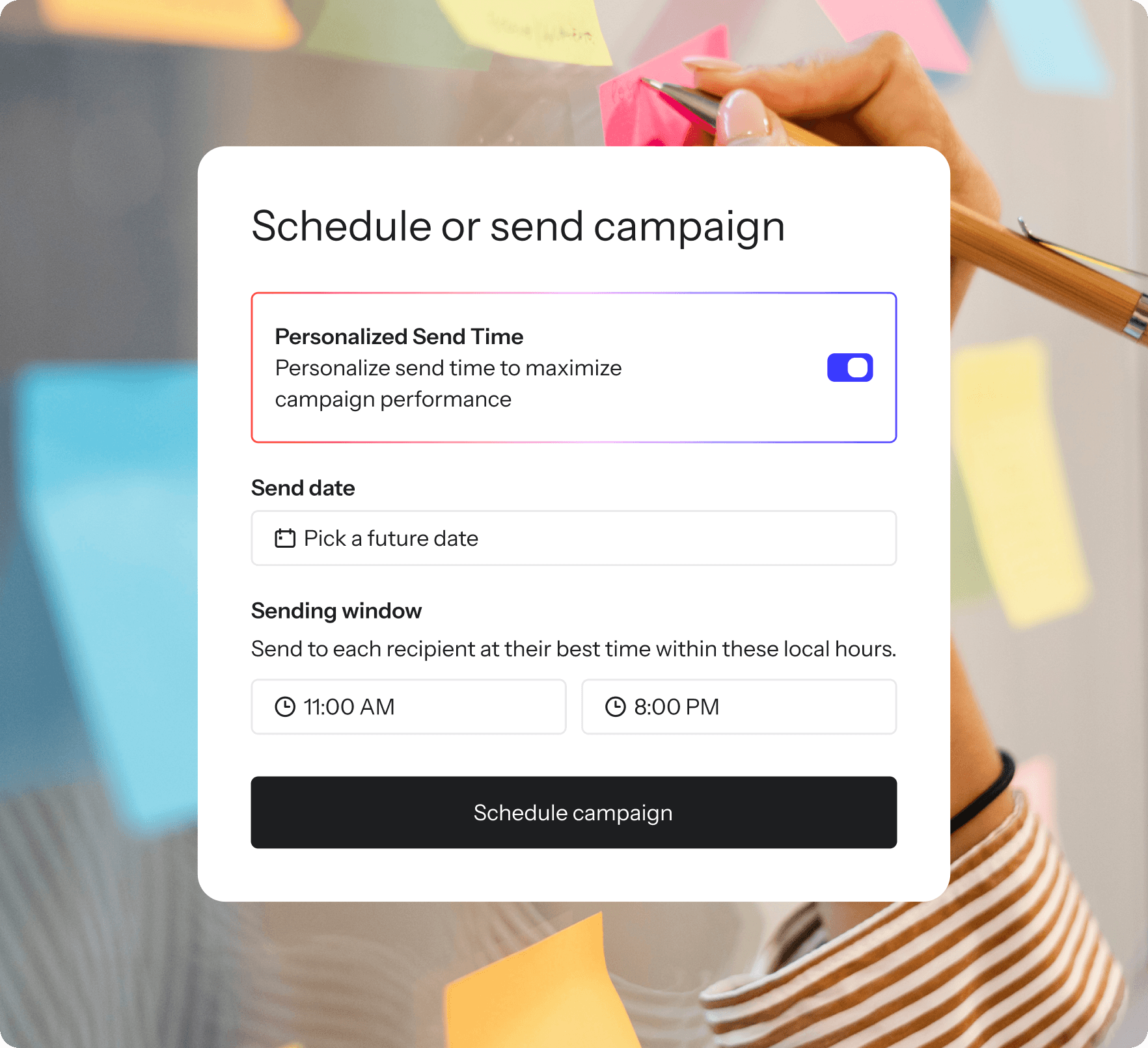 The personalized send time feature is selected, helping the user optimize campaign performance.