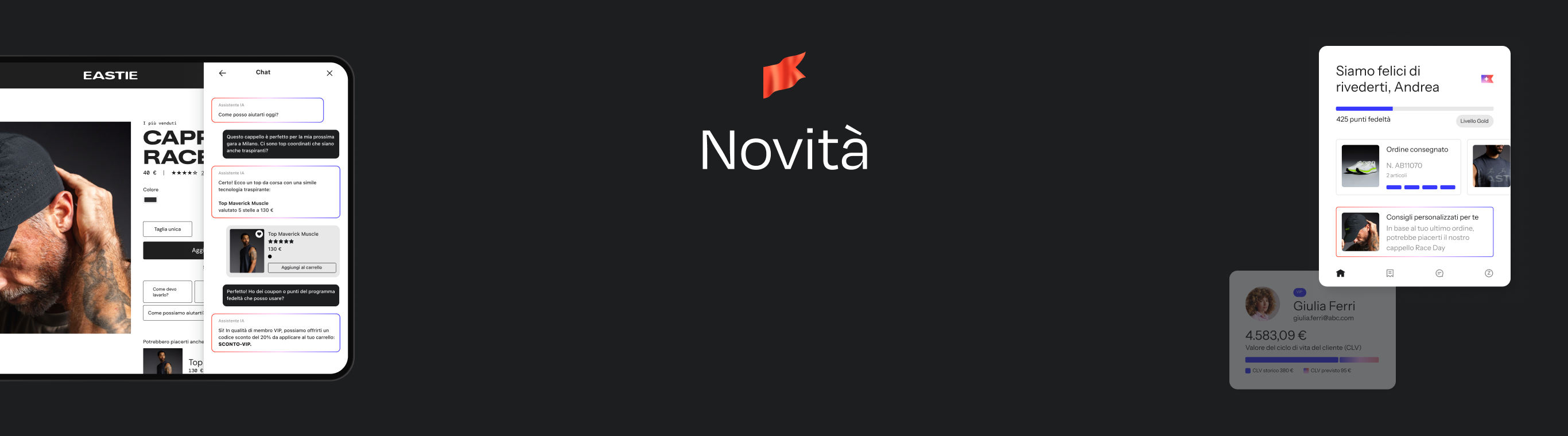 Multiple app and web screens surrounding the Italian word 'Novità' (News) and a red flag icon.