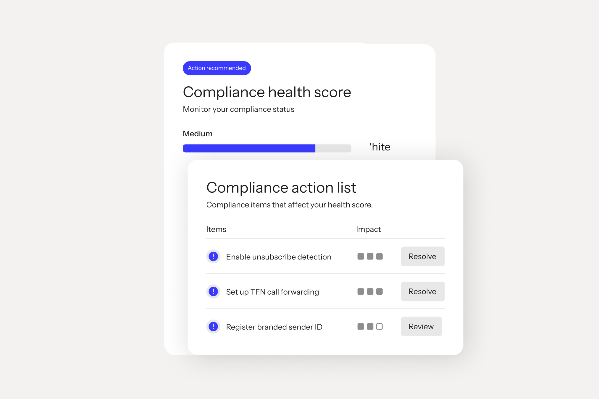 Compliance health score dashboard with a medium rating and action list for resolving flagged items.