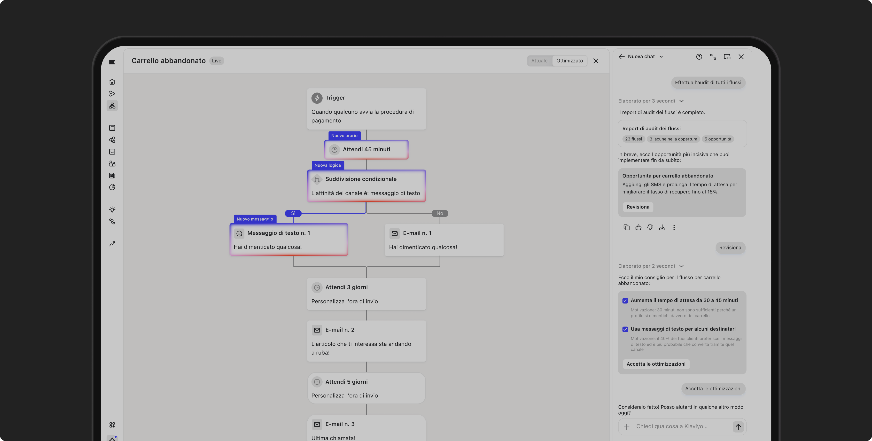 A tablet screen shows a flowchart for an abandoned cart recovery workflow, with a play button overlay.