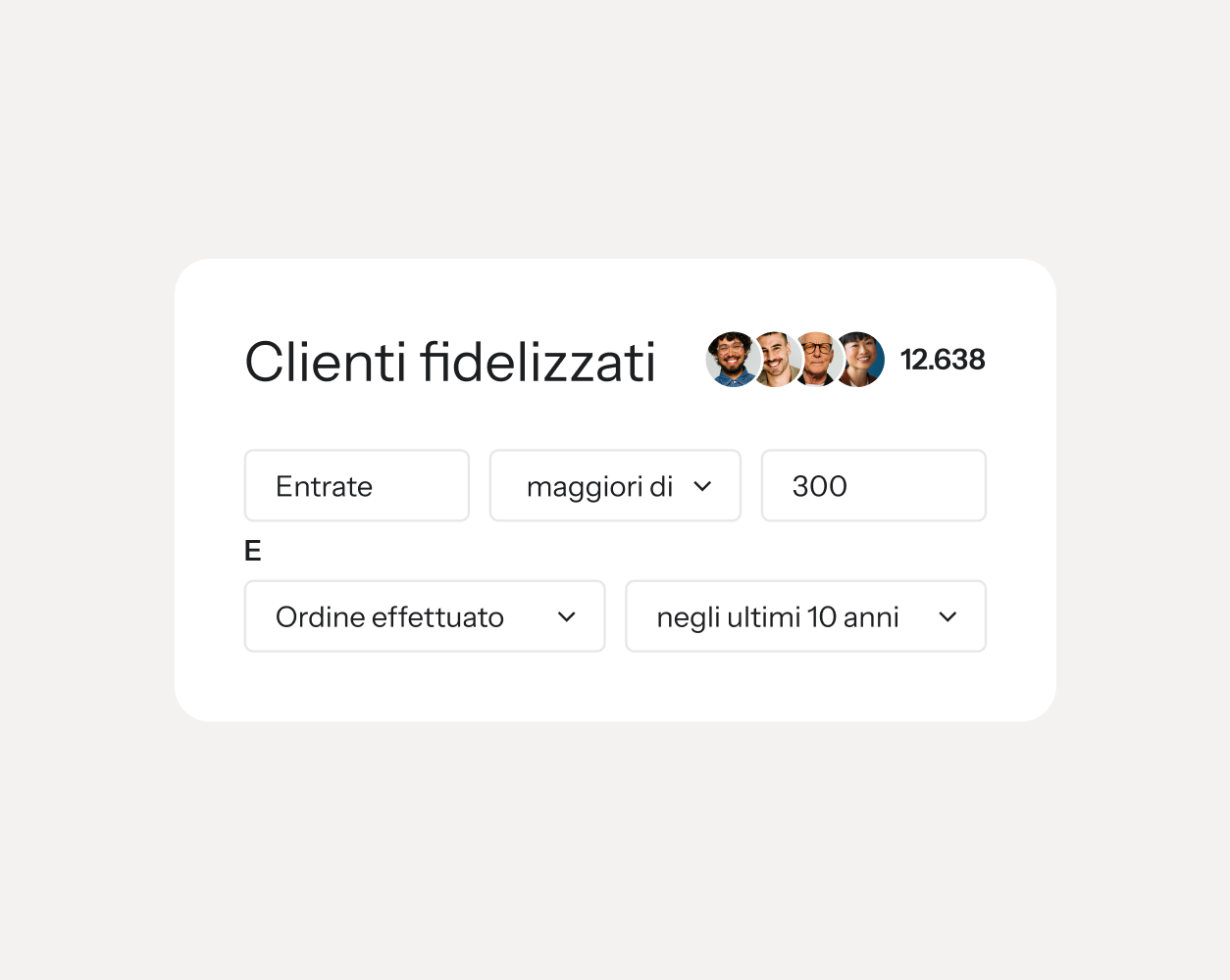 Segmento Loyal con 12.638 profili, filtrato in base a un fatturato superiore a 300 e a un ordine negli ultimi 10 anni.