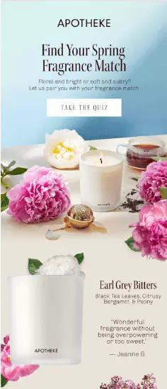 Image shows a marketing email from APOTHEKE with a low-commitment CTA “Take the quiz” above the fold.