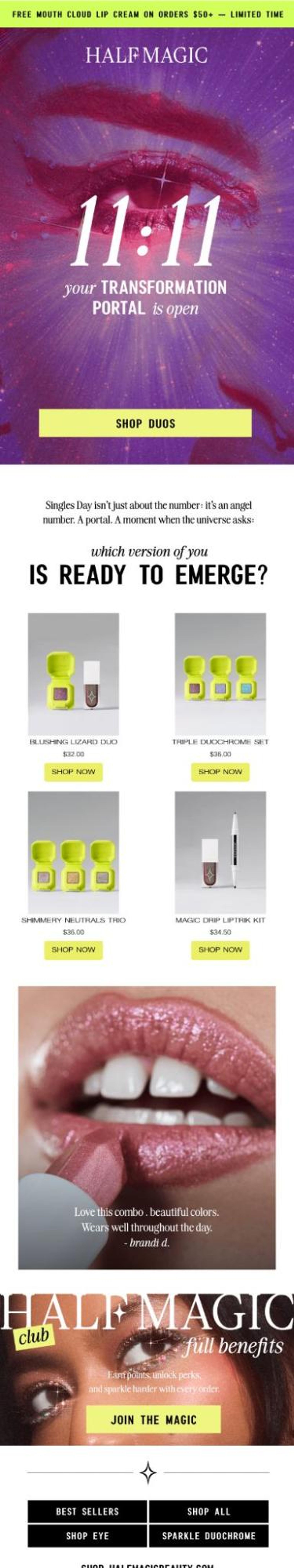 Half Magic Singles Day promotion featuring an eye with glitter makeup, "11:11 Your Transformation Portal is Open," various makeup products, and an invitation to join the Half Magic club.