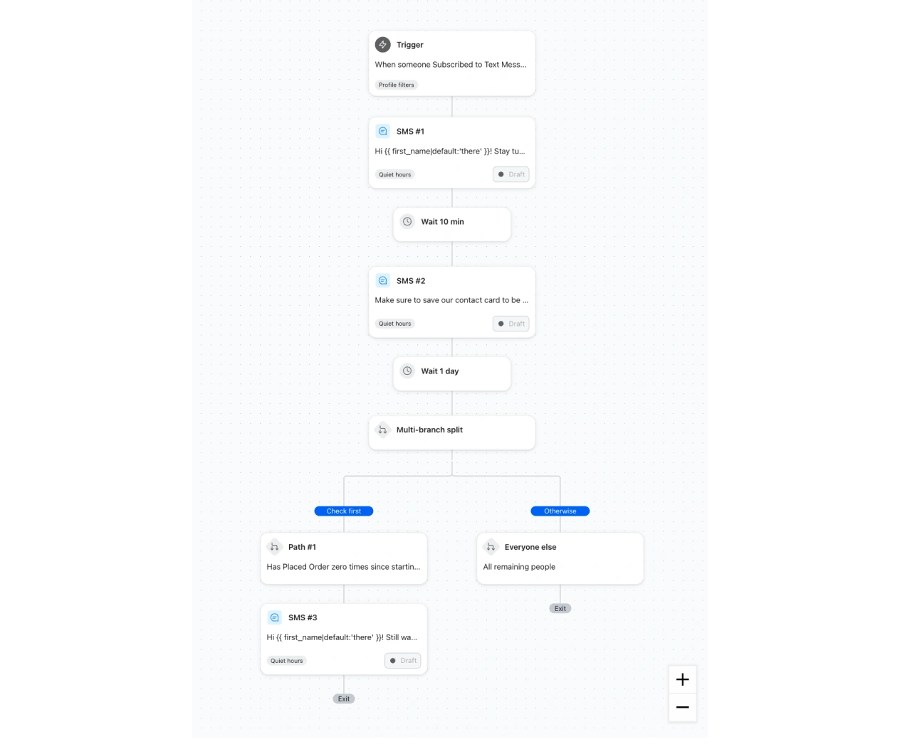 SMS automation workflow with a subscription trigger, timed messages, and a multi-branch split.