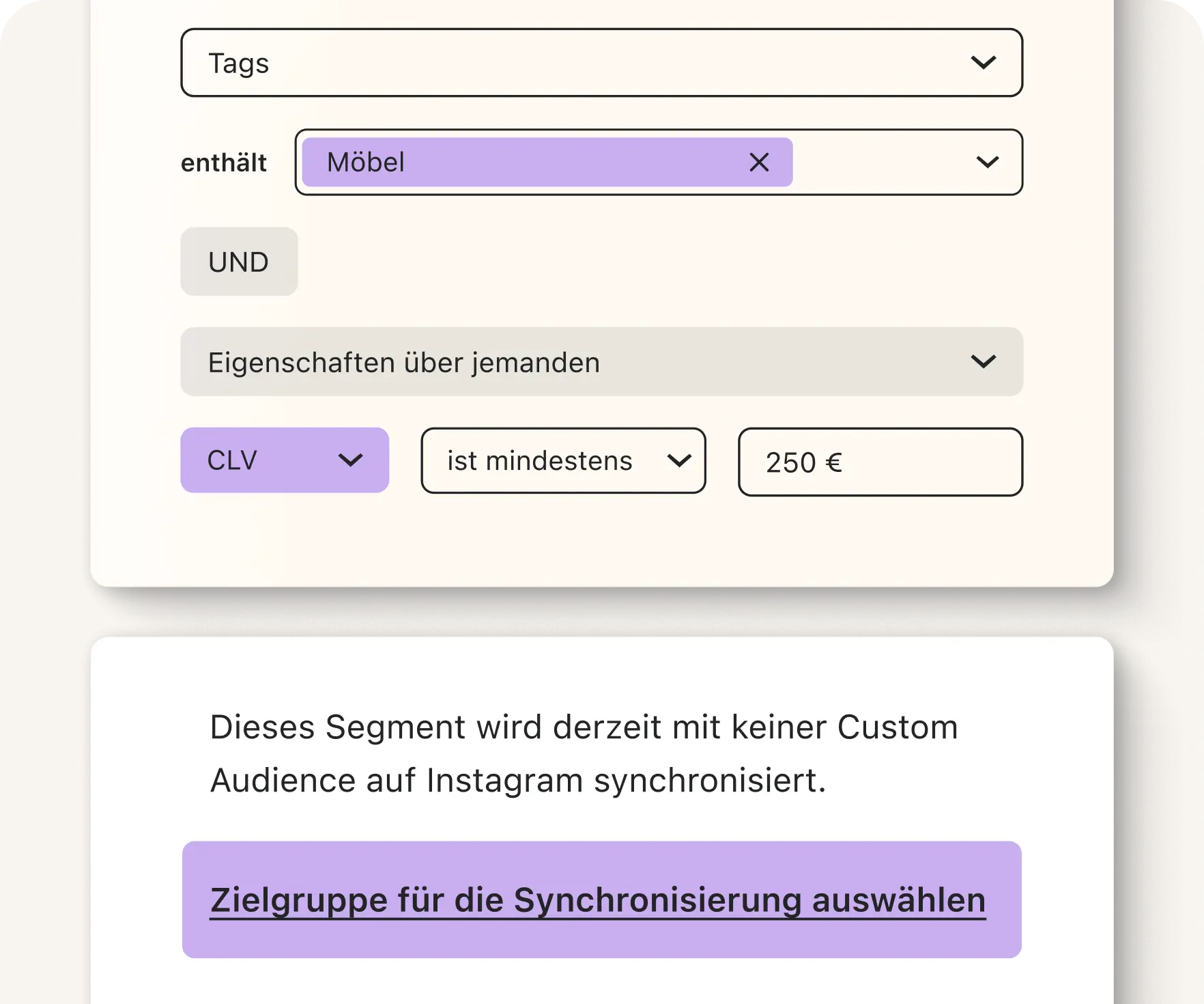 Benutzeroberfläche zur Segmentierung mit Filtern für Tags, Eigenschaften und CLV. Hinweis zur Instagram-Synchronisierung.