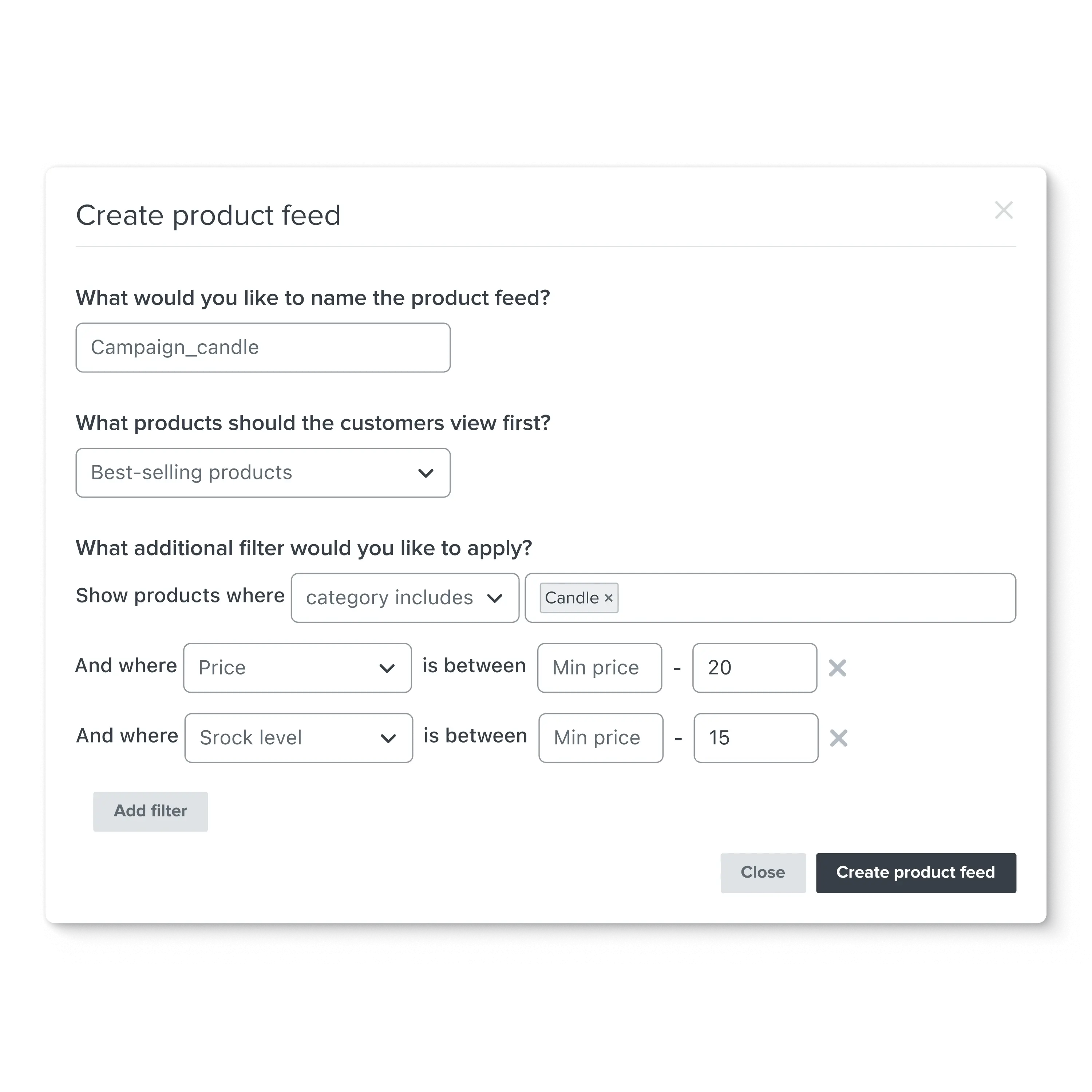 Klaviyo screen for creating a product feed, including the name of the feed, products the customer should view first, and additional filter options.