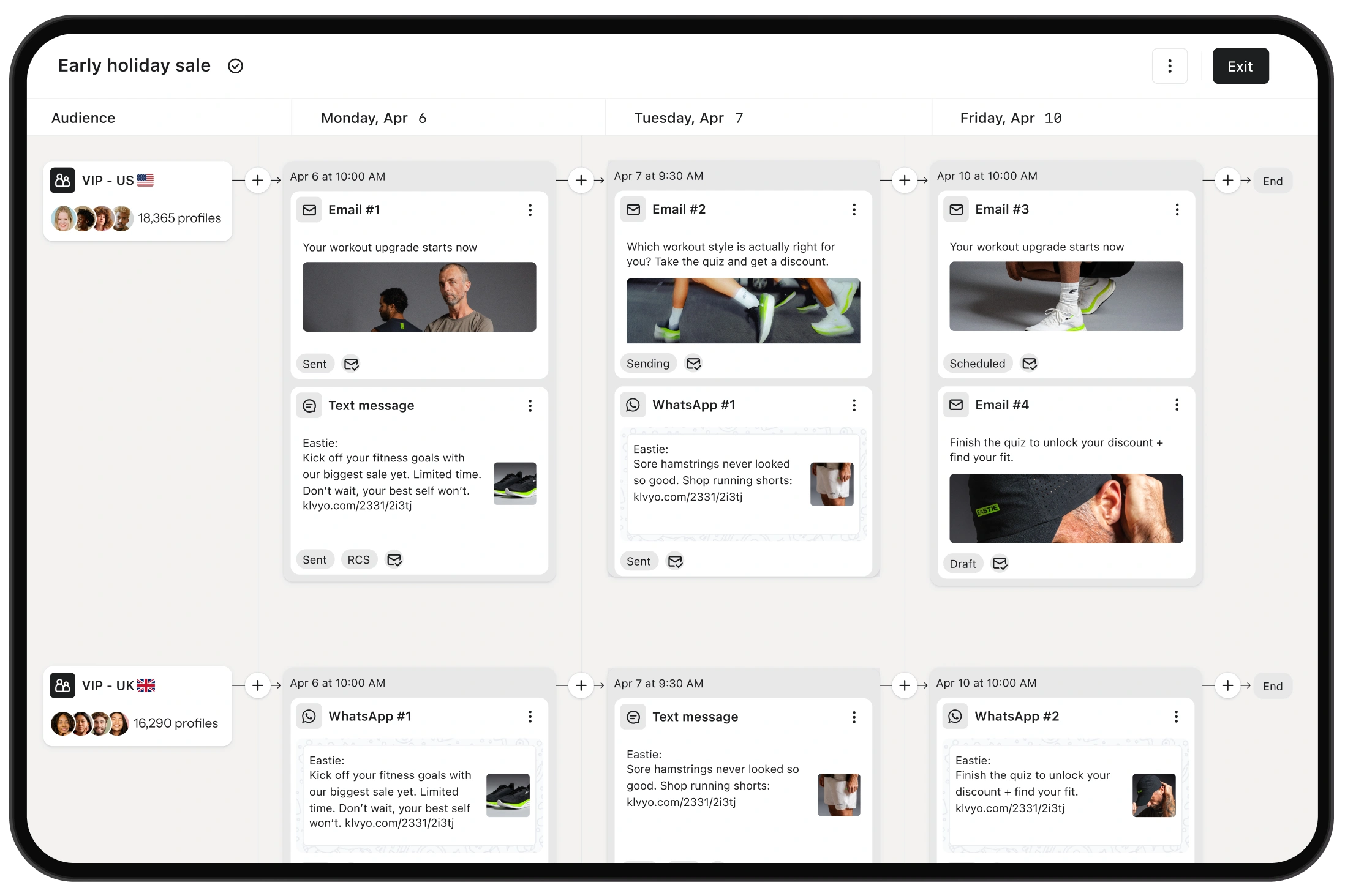 Early holiday sale campaign workflow with scheduled emails, texts, and WhatsApp messages for US and UK VIP audiences.