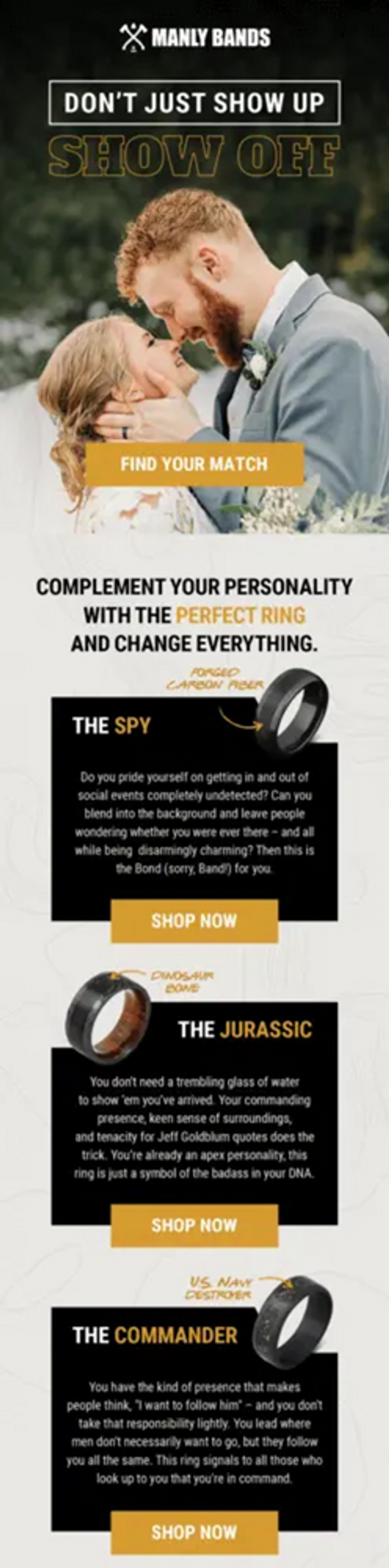 Image shows an email with a hero image of two people getting married. The taller person, who has a red beard and hair, is looking down lovingly at the shorter person, who is blonde and wearing a wedding veil. Following are three panels of text accompanied by headers like “The Commander” and “The Jurassic” and including an image of a black wedding ring for each panel.