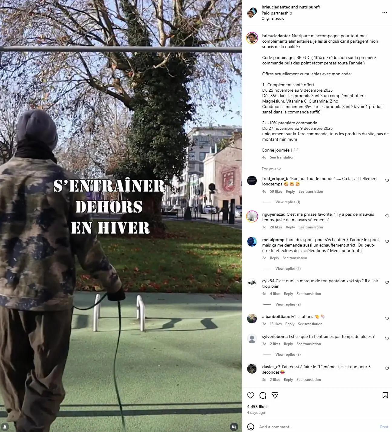 Vidéo Instagram montrant un créateur s’entraînant à l’extérieur en hiver dans un partenariat avec NutriPure ; exemple de contenu authentique pour engager l’audience pendant les soldes d’hiver.
