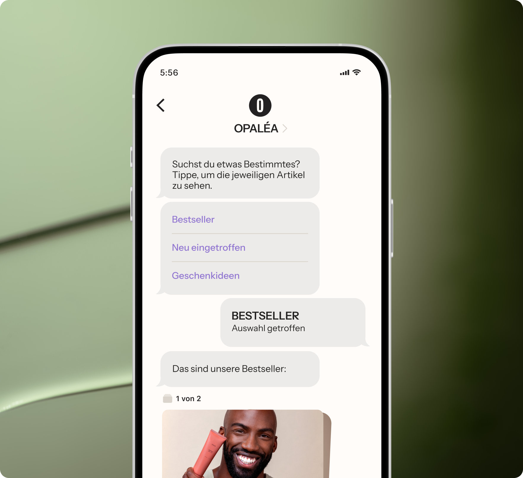 A smartphone displays a German product discovery chat app with categories like "Bestseller" and a man holding a pink product tube.