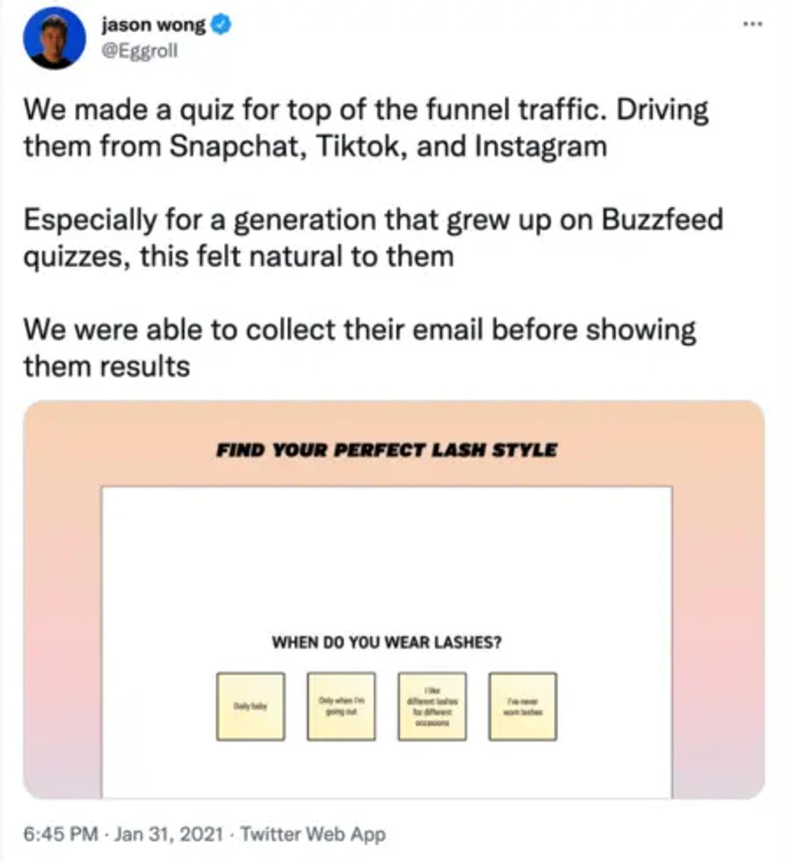 Image shows a tweet from Jason Wong at Doe Lashes about building mobile-responsive customer quizzes.