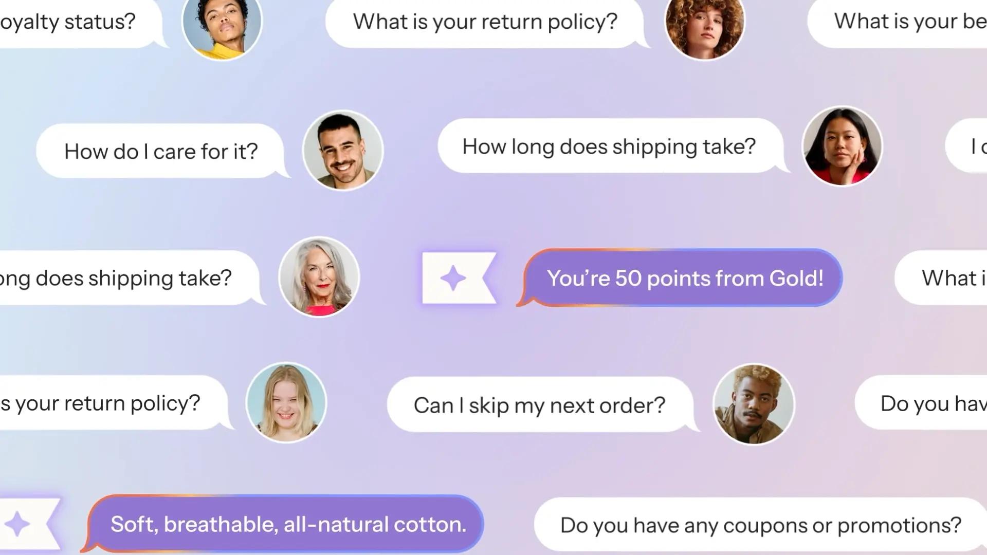 Chat bubbles with customer service questions and responses, including loyalty points, return policy, shipping, and promotions.
