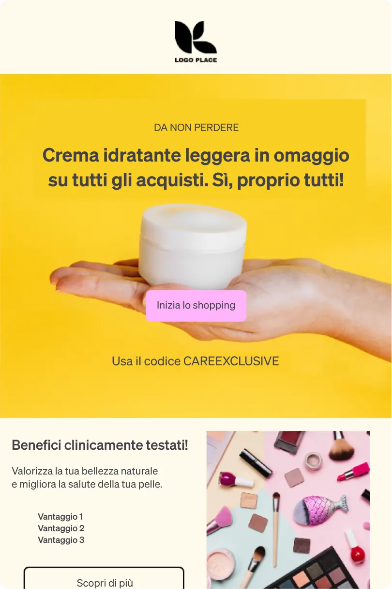 Promozione di una crema idratante leggera in omaggio con acquisti. Include codice CAREEXCLUSIVE e immagini di cosmetici.