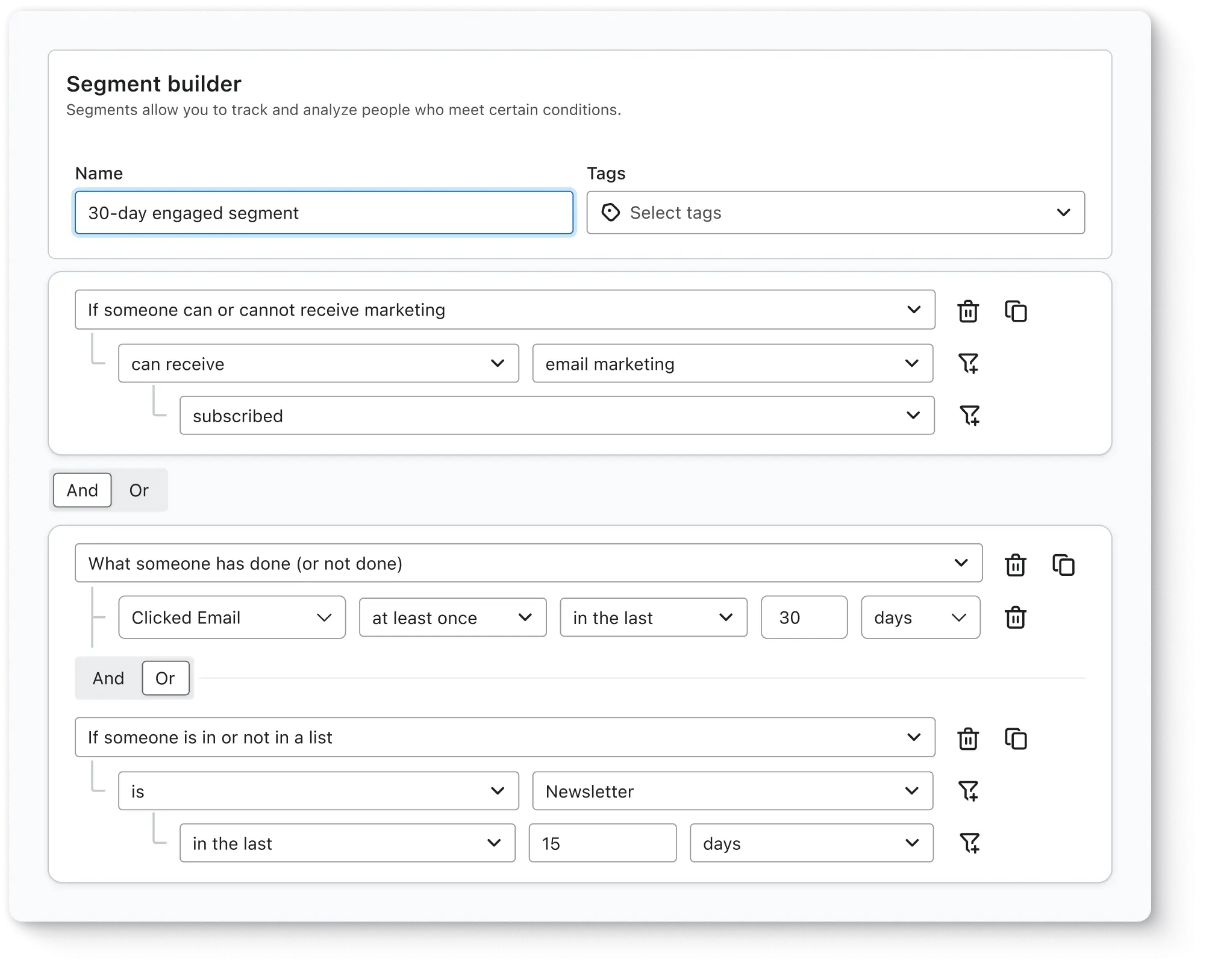Klaviyo segment builder showing a 30-day engaged segment (subscribed to email, and either clicked email in last 30 days or is in the newsletter list in last 15 days).