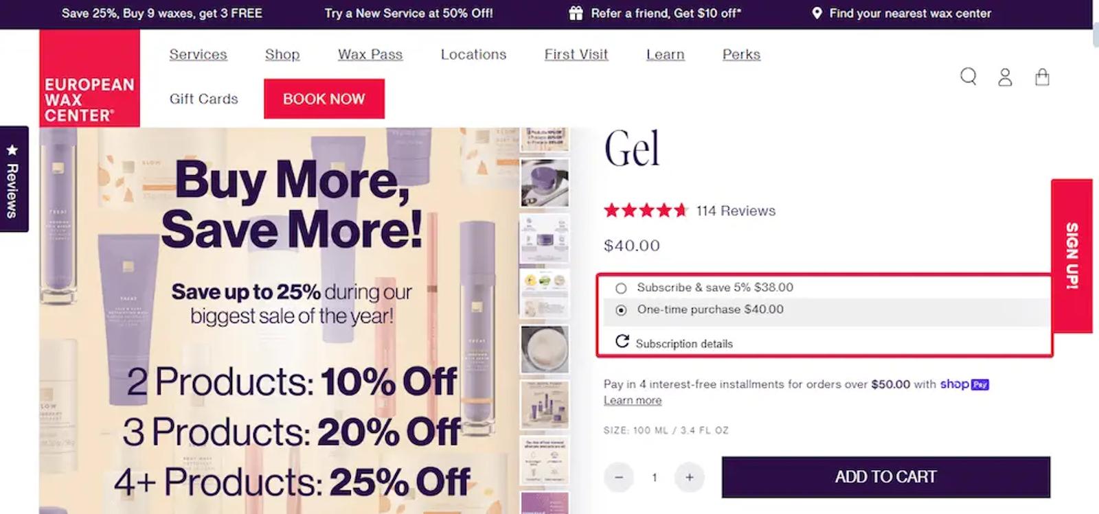 Image shows a screenshot of a product page on the European Wax Center website, which lists the product’s rating out of 5 stars and 114 reviews, the option to either subscribe and save or make a one-time purchase, and an image that advertises a bundle deal: 10% off 2 products, 20% off 3 products, and 25% off 4+ products.