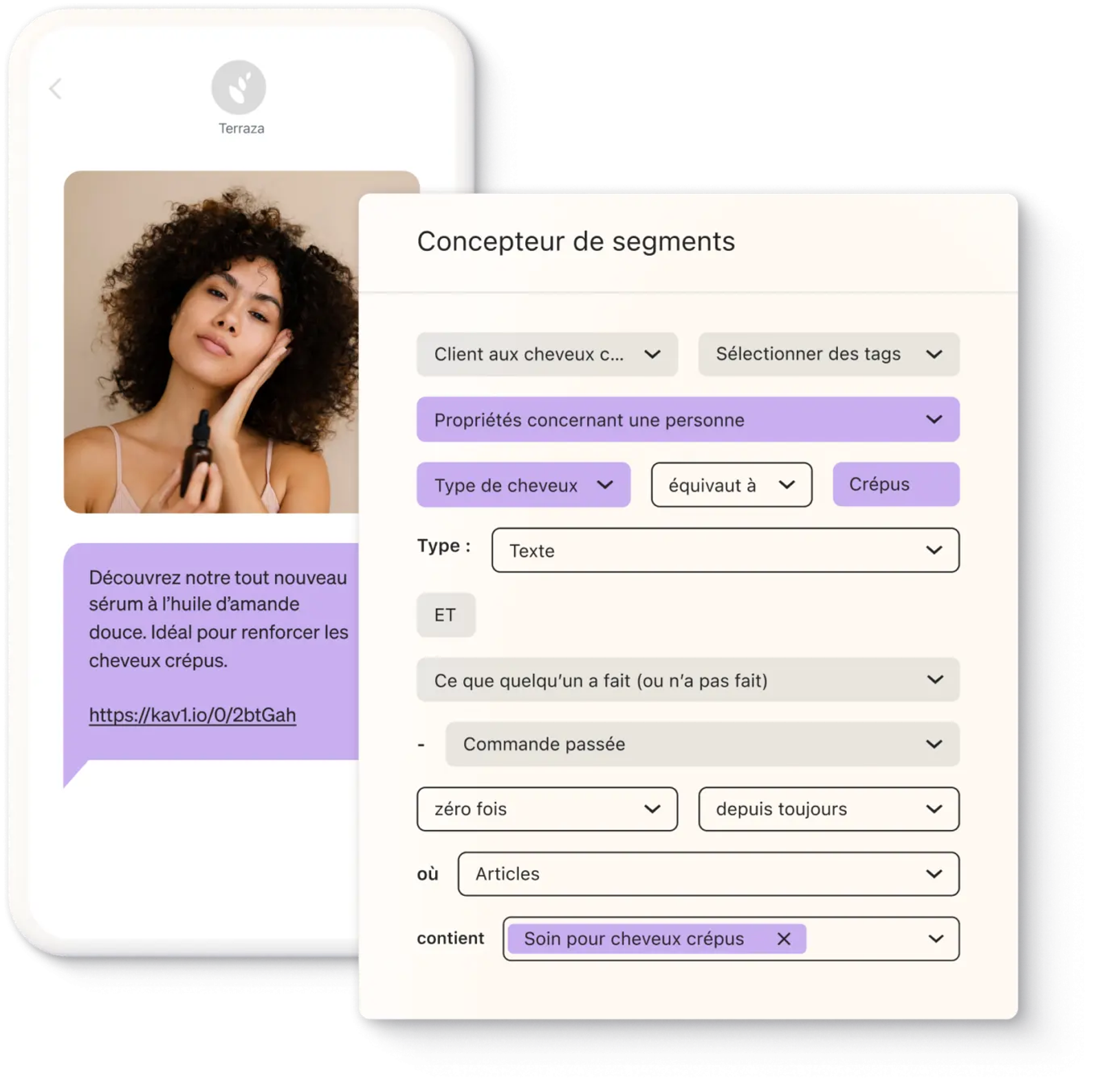Interface utilisateur montrant une femme tenant un flacon de sérum, avec des options de segmentation pour les clients aux cheveux crépus.