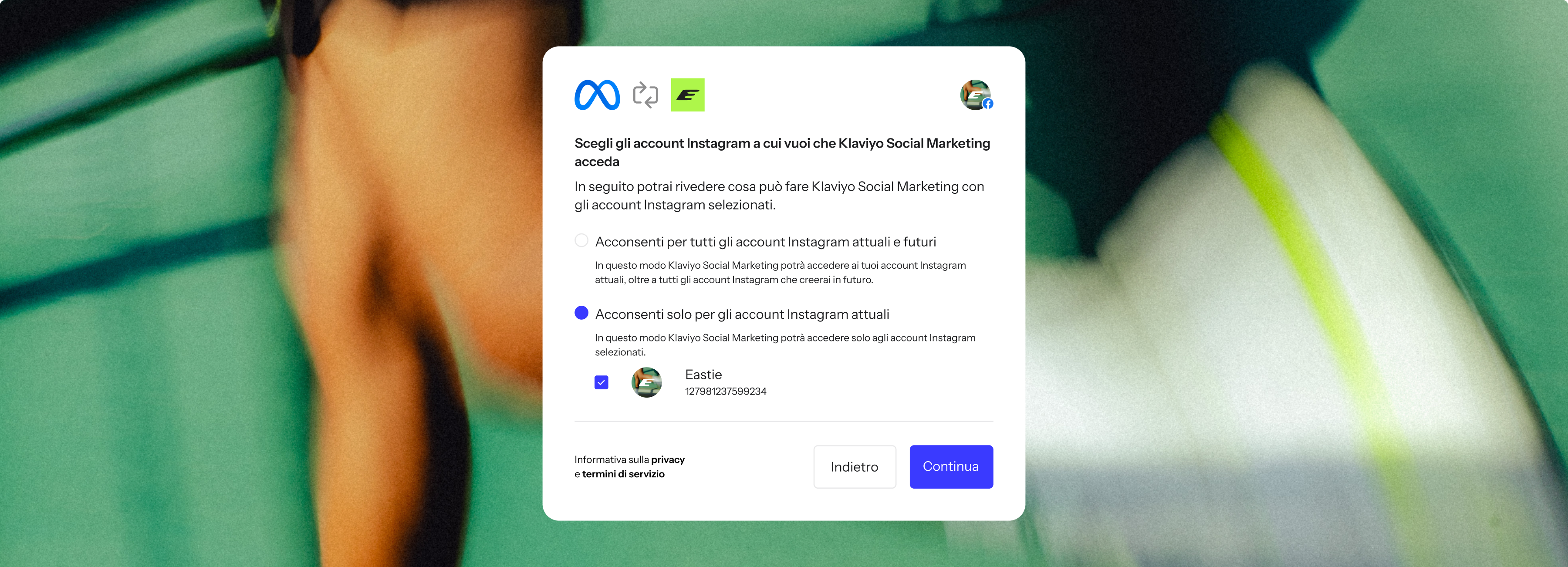 A Meta pop-up asks to connect Instagram accounts to Klaviyo Social Marketing, with "current accounts only" selected for "Eastie," over a blurry background of a person and a surfboard.