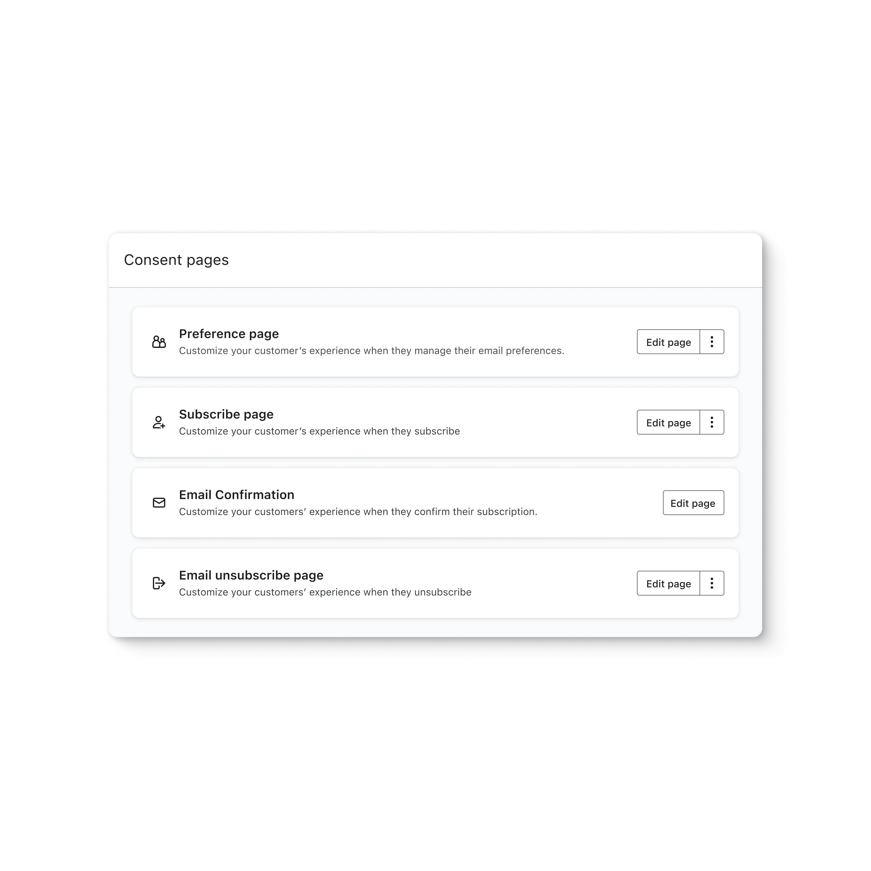 Klaviyo content page settings, with 4 types you can edit: preference page, subscribe page, email confirmation, and email unsubscribe page.