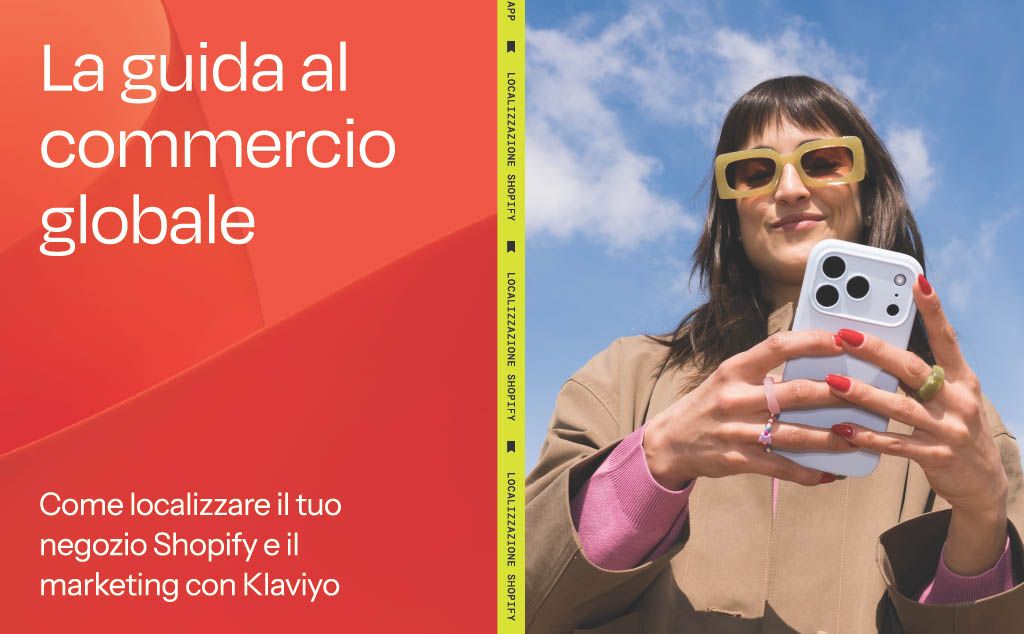 Smiling woman in yellow sunglasses holding a smartphone, with text "The guide to global commerce" on a red background.