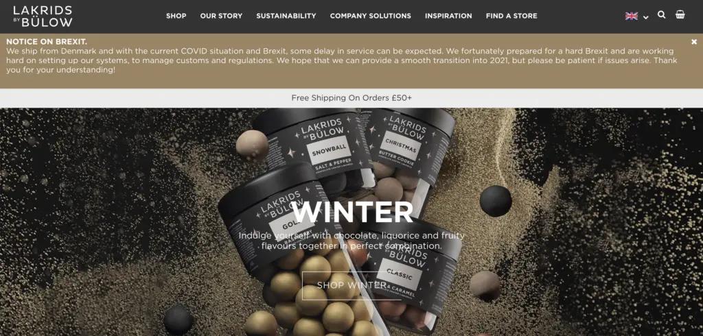 Example of Brexit banner notice at the lop of Lakrids by Bulow website.