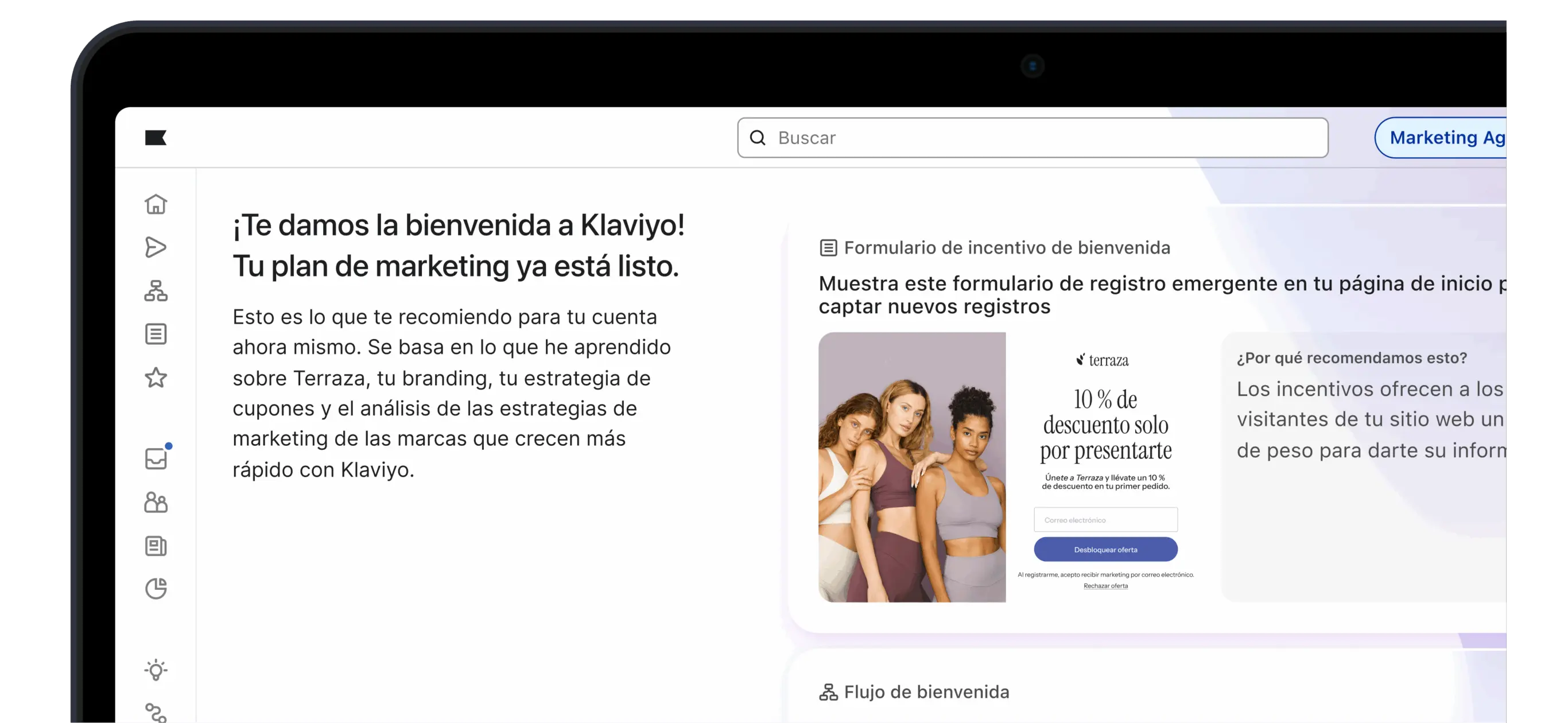 Pantalla de bienvenida de Klaviyo con texto sobre un plan de marketing listo. Incluye un formulario de registro con oferta de descuento.