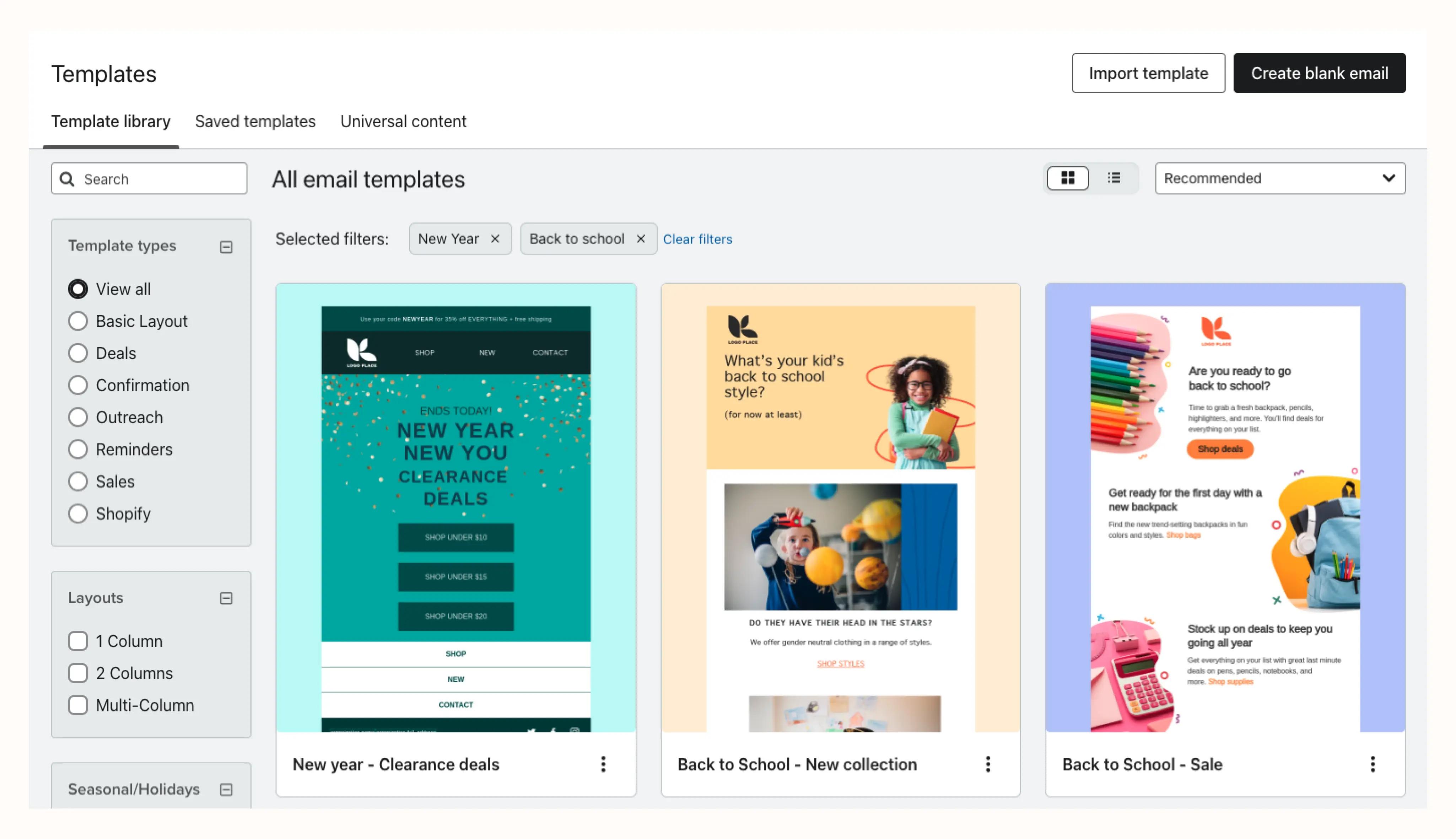 Image shows the Klaviyo email template library, where users can select from several template types including basic layout, deals, confirmation, and more, and several layout types including 1-, 2-, and multi-column. The templates on display are colorful holiday promotion emails.