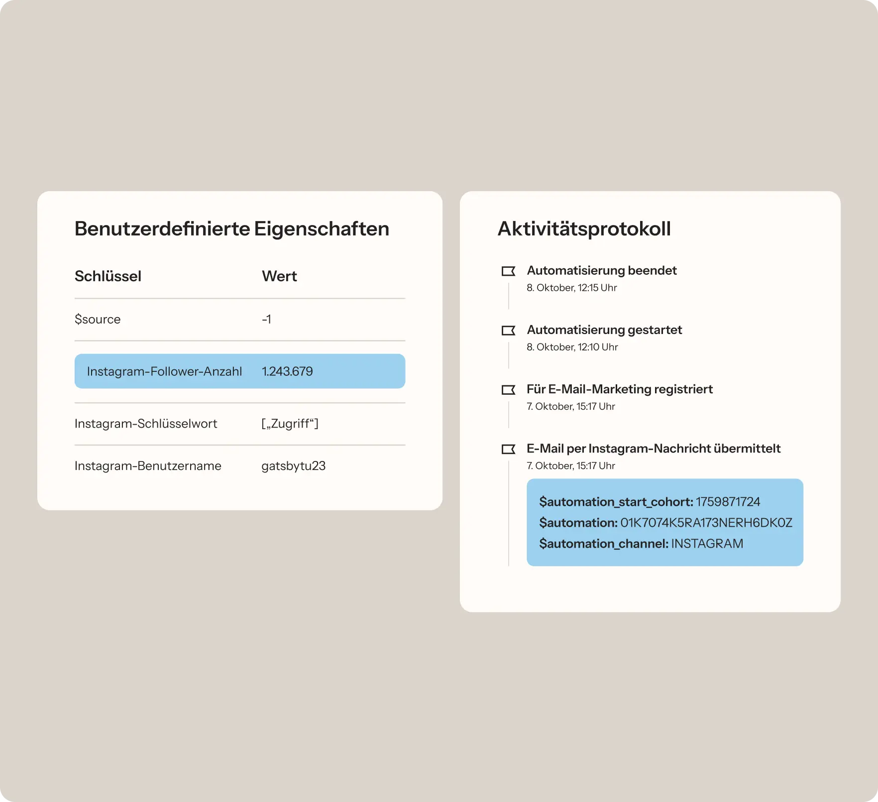 Benutzerdefinierte Eigenschaften und Aktivitätsprotokoll mit Instagram-Daten, Follower-Anzahl 1.243.679, Automatisierungsdetails.