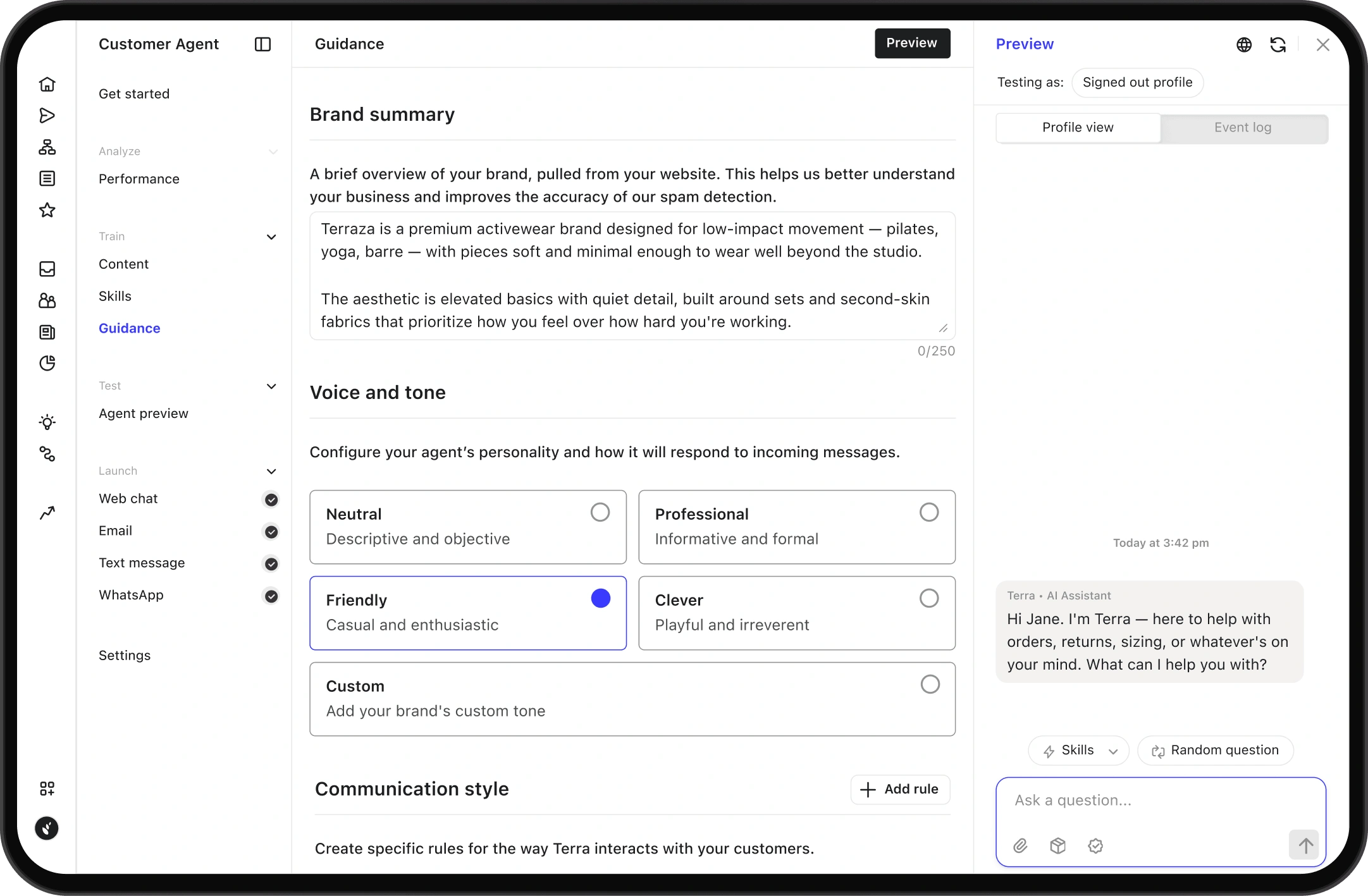 Customer agent settings screen with brand summary, Friendly tone selected, and a chat preview.