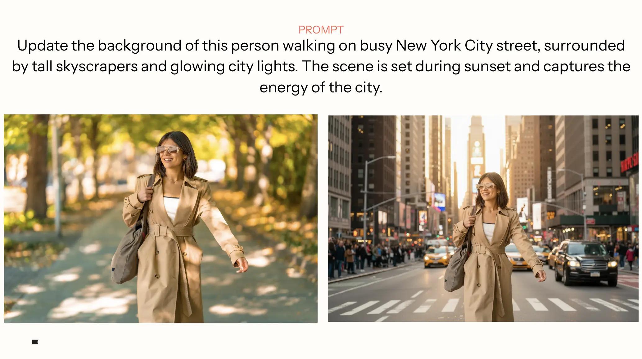A woman in a trench coat walks on a tree-lined path and a busy New York City street, smiling, with skyscrapers in the background.