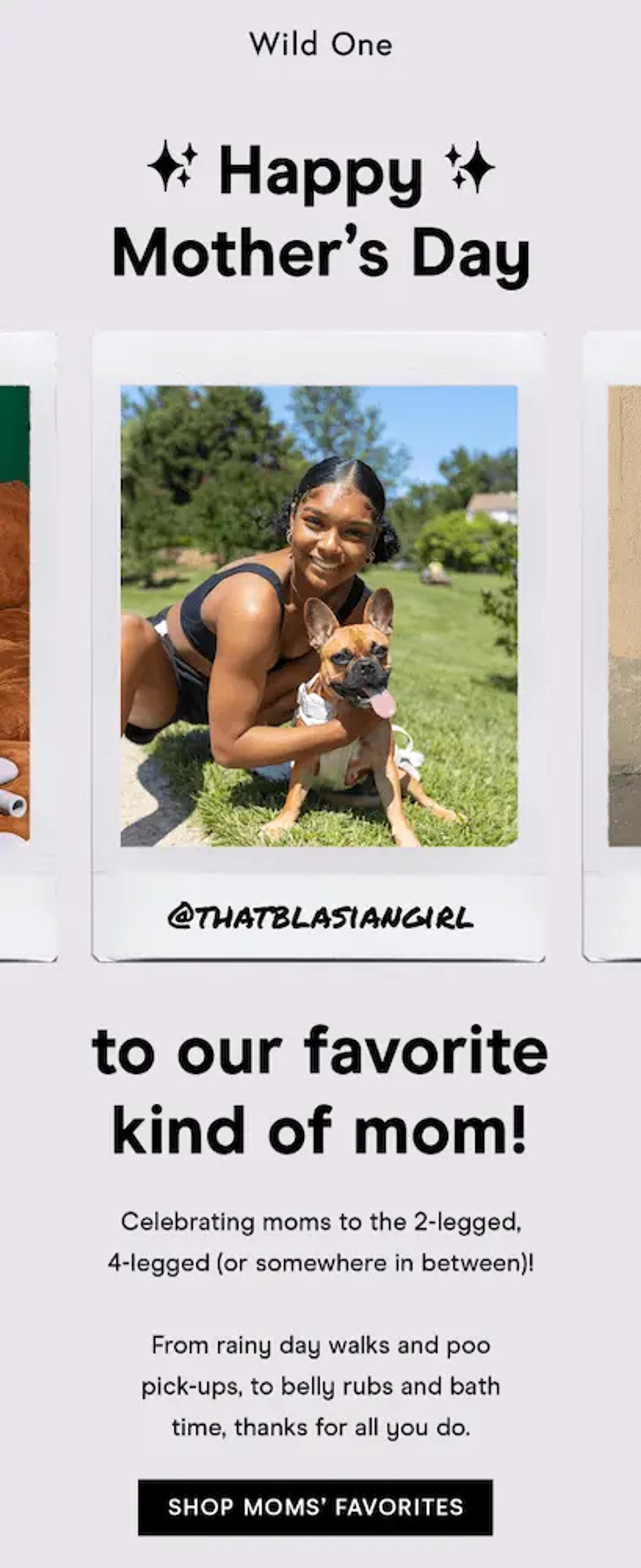 Image shows a Mother’s Day email from pet essentials brand Wild One, featuring a reel of UGC in the form of customers with their pets. The headline reads, “to our favorite kind of mom!” The email copy reads, “Celebrating moms to the 2-legged, 4-legged (or somewhere in between)! From rainy day walks and poo pick-ups, to belly rubs and bath time, thanks for all you do.” At the bottom of the email, a black CTA button reads, “SHOP MOMS’ FAVORITES.”