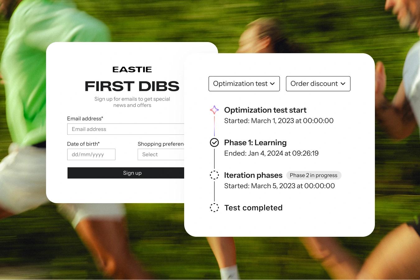 Email signup form and optimization test timeline over a blurred background of runners